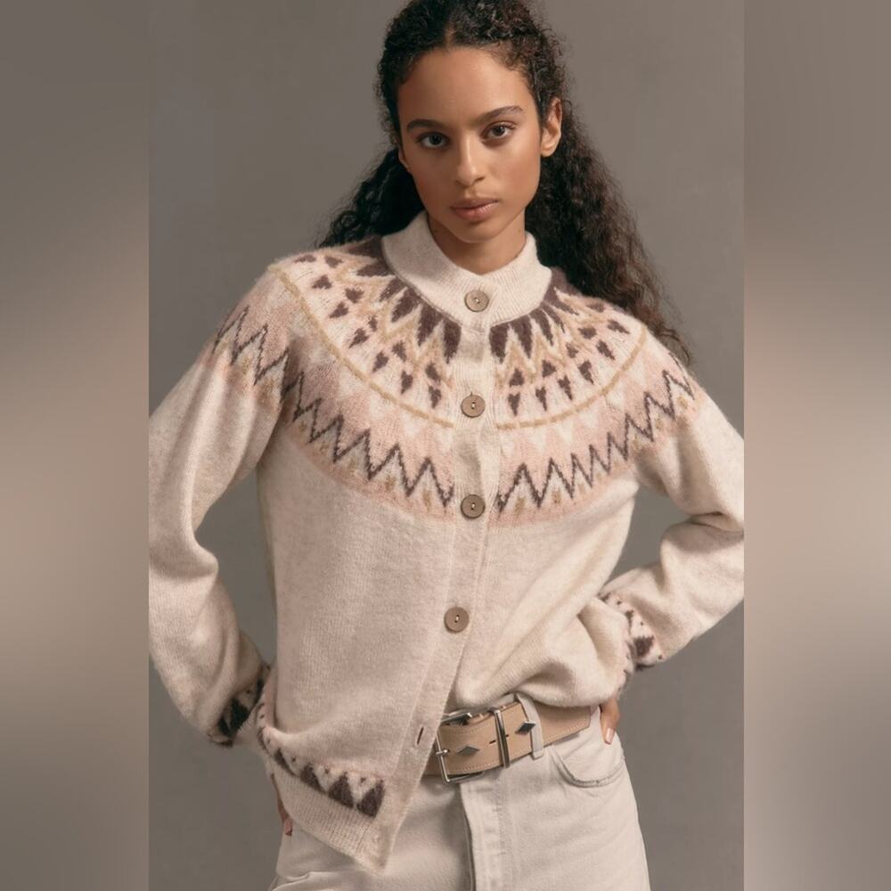 Pilcro Crew-Neck Cozy Fairisle Cardigan Sweater